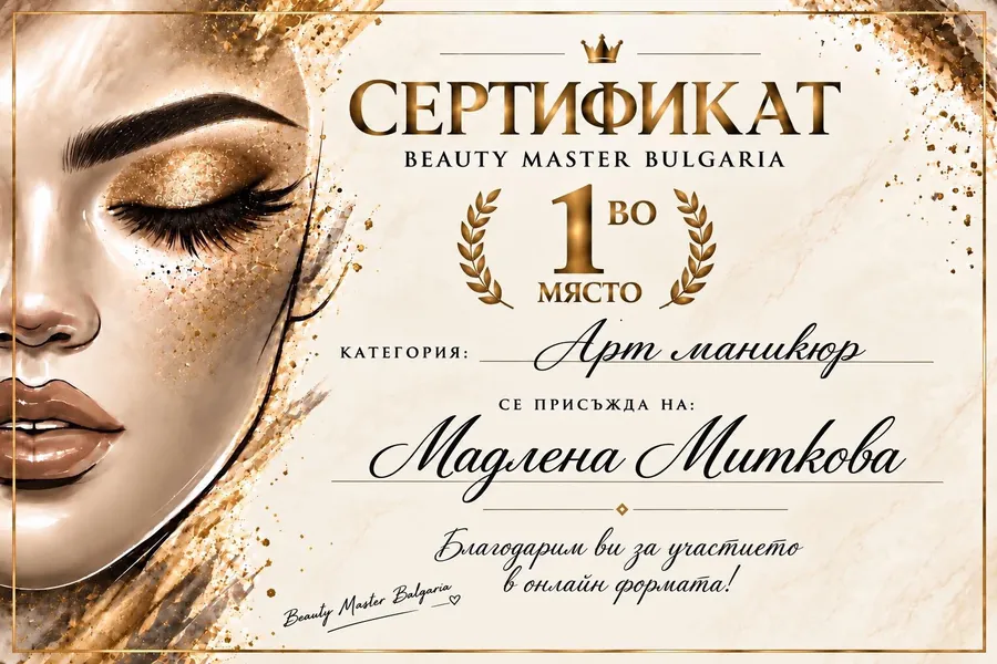 Сертификат 1-во място — Арт маникюр, Beauty Master Bulgaria